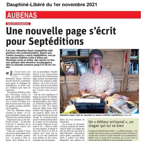 Dauphiné-Libéré du 1er novembre 2021 - Une Nouvelle page s'écrit pour Septéditions
