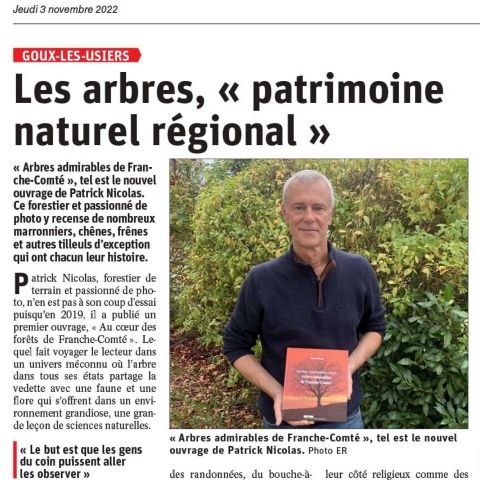 L'Est Républicain du 4 novembre 2022 - Présentation du livre Arbres admirables de Franche Comté